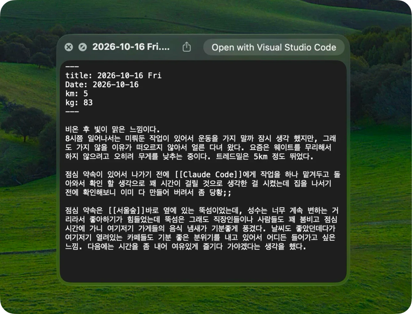 A daily note opened as plain Markdown text with its frontmatter