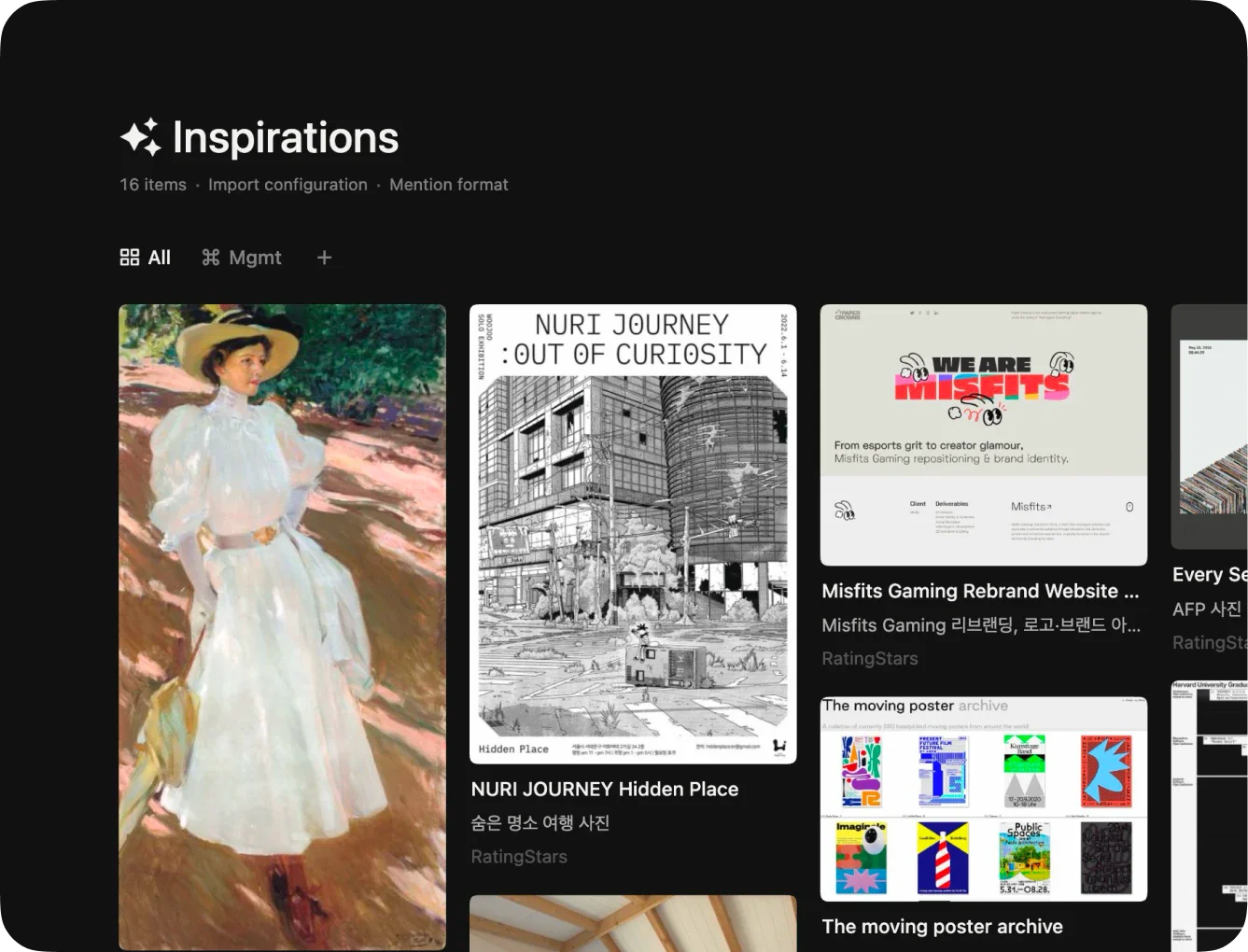 An Inspirations collection shown as a gallery in dark mode